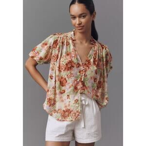 By Anthropologie The Estela Short Sleeve Floral Printed Blouse Yellow sz M NWT